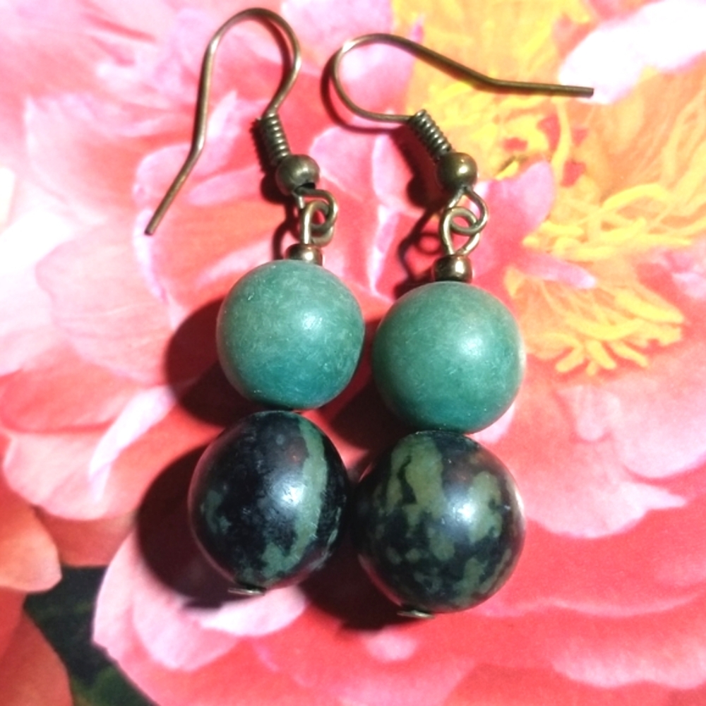 Handmade earrings green clay bead gold tone